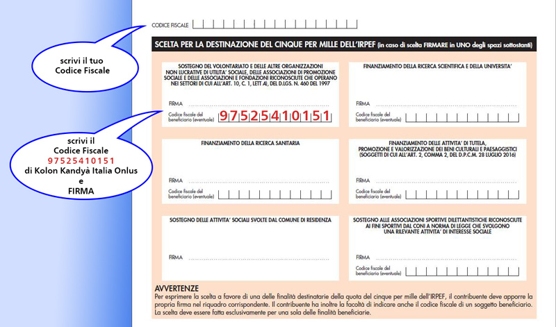 Come compilare il modulo per dare il 5x1000 a Kolon Kandyà Italia Onlus